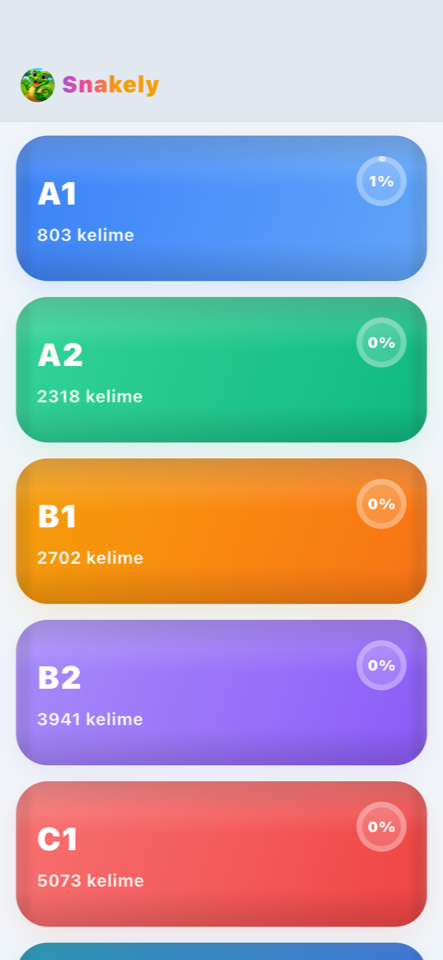 Snakely seviye seçim ekranı